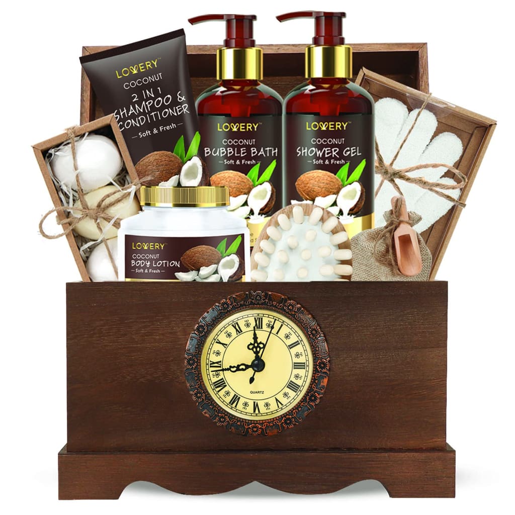 Fathers Day Gifts Bath Gift Set in a Vintage Style Wooden Clock Box 13Pc Premium Coconut Spa Kit for Men & Women Body Lotion, - Face›Sets 