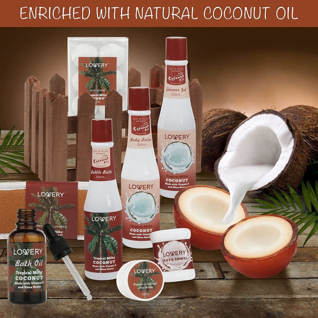 Fathers Day Gifts - Organic Spa Gift Basket Heavenly Coconut Scent - 16 Piece All Natural Bath &amp; Body Set With Oil, - Bathing Accessories