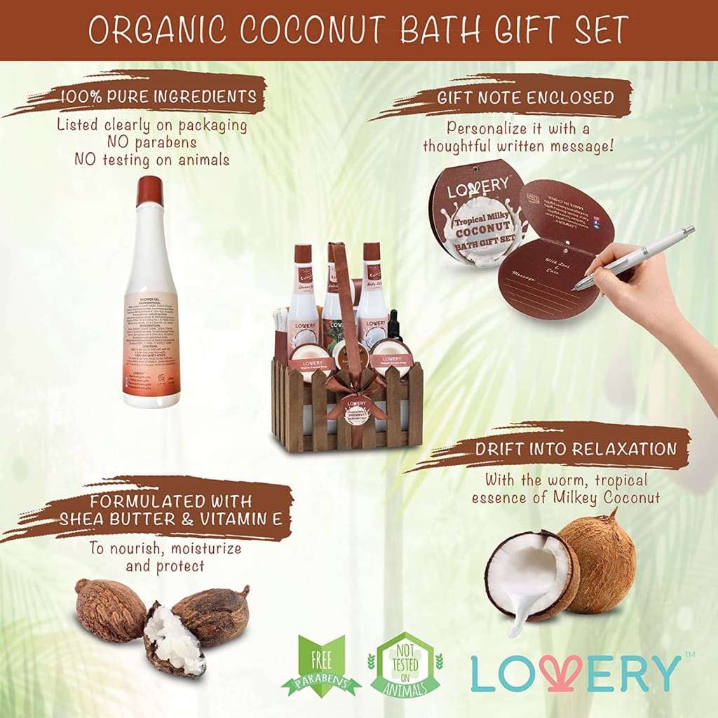 Fathers Day Gifts - Organic Spa Gift Basket Heavenly Coconut Scent - 16 Piece All Natural Bath &amp; Body Set With Oil, - Bathing Accessories