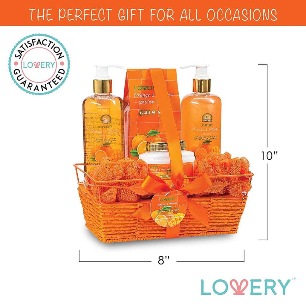 Father’s Day Gifts - Home Spa Gift Basket - Orange &amp; Mango Fragrance - 7 Piece Bath Body Set For Women Men Contains Shower Gel, - Sets Kits