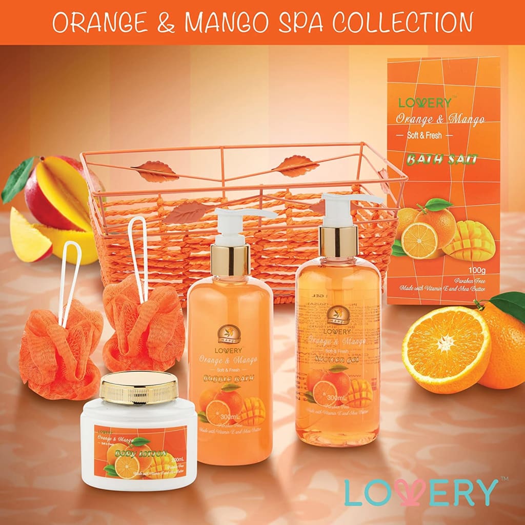 Father’s Day Gifts - Home Spa Gift Basket - Orange &amp; Mango Fragrance - 7 Piece Bath Body Set For Women Men Contains Shower Gel, - Sets Kits