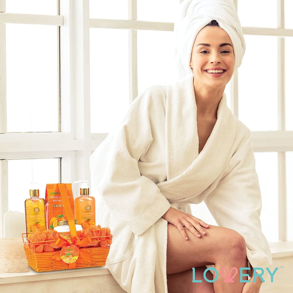 Father’s Day Gifts - Home Spa Gift Basket - Orange &amp; Mango Fragrance - 7 Piece Bath Body Set For Women Men Contains Shower Gel, - Sets Kits