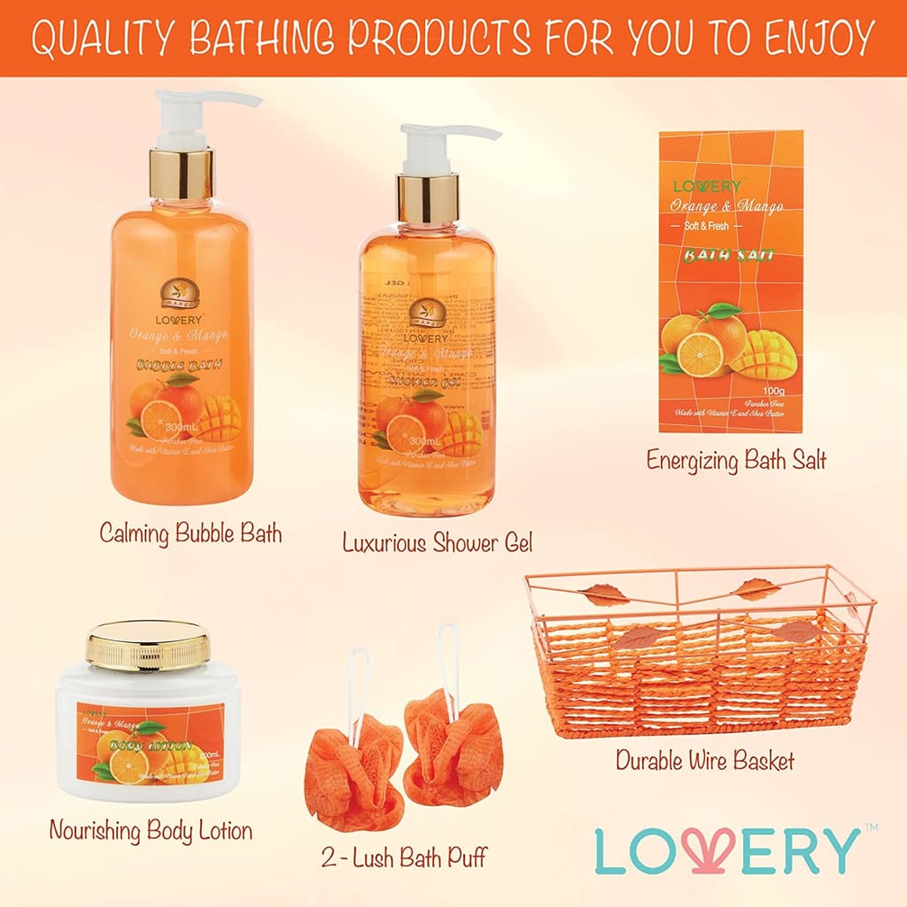 Father’s Day Gifts - Home Spa Gift Basket - Orange &amp; Mango Fragrance - 7 Piece Bath Body Set For Women Men Contains Shower Gel, - Sets Kits