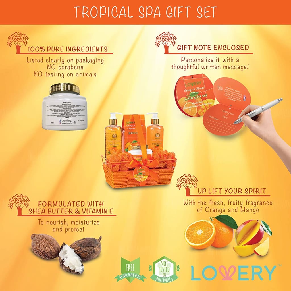 Home Spa Gift Basket - Orange &amp; Mango Fragrance - 7 Piece Bath Body Set For Women Men Contains Shower Gel, - Sets Kits