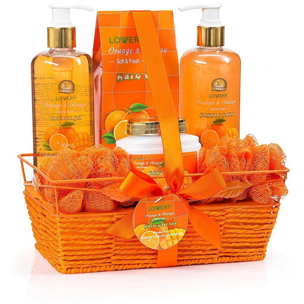 Father’s Day Gifts - Home Spa Gift Basket - Orange &amp; Mango Fragrance - 7 Piece Bath Body Set For Women Men Contains Shower Gel, - Sets Kits