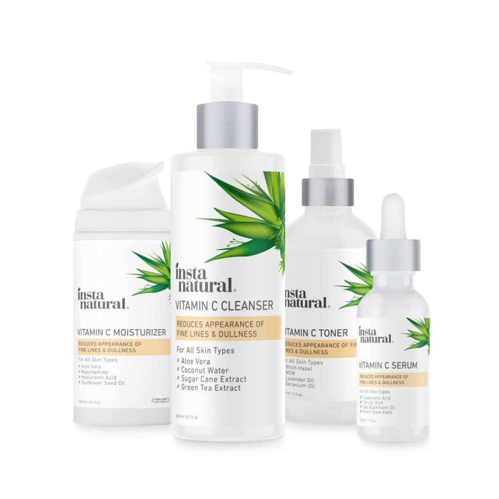 Skin Care Set with Vitamin C Facial Cleanser Toner Serum and Moisturizer for Hydrating Anti Aging - Gels