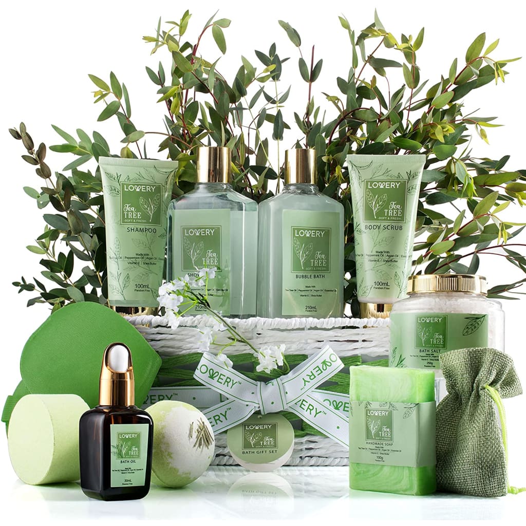 Tea Tree Bath Set Fathers Day Aromatherapy Home Spa with Calming Mint Fragrance 15 Piece Gift Basket - Face›Sets &amp; Kits